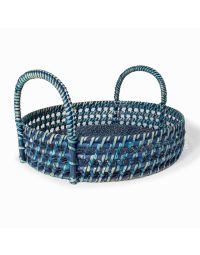 Round Rattan Blue Washed Tray With Handle