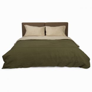 100% French Flax Linen Duo-Colored Natural & Olive Green Duvet Cover