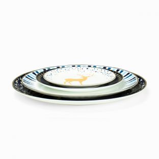 Blue and Gold Reindeer Dinner Plate Set