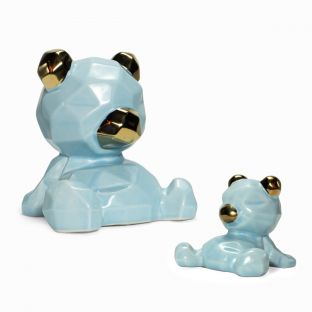 Blue Ceramic Bear Animal Figurine Display with Gold Accents