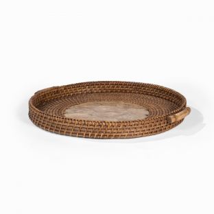 Round Woven Tray with Capiz Detail and Wood Handle 