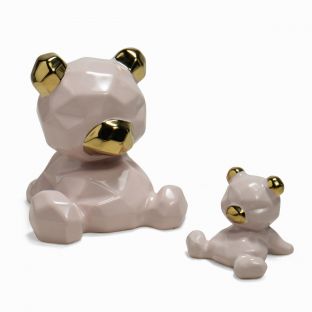 Pink Ceramic Bears  Animal Figurine Display with Gold Accents