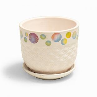 White Ceramic Flower Vase with Multicolor Circle Prints and Bottom Tray