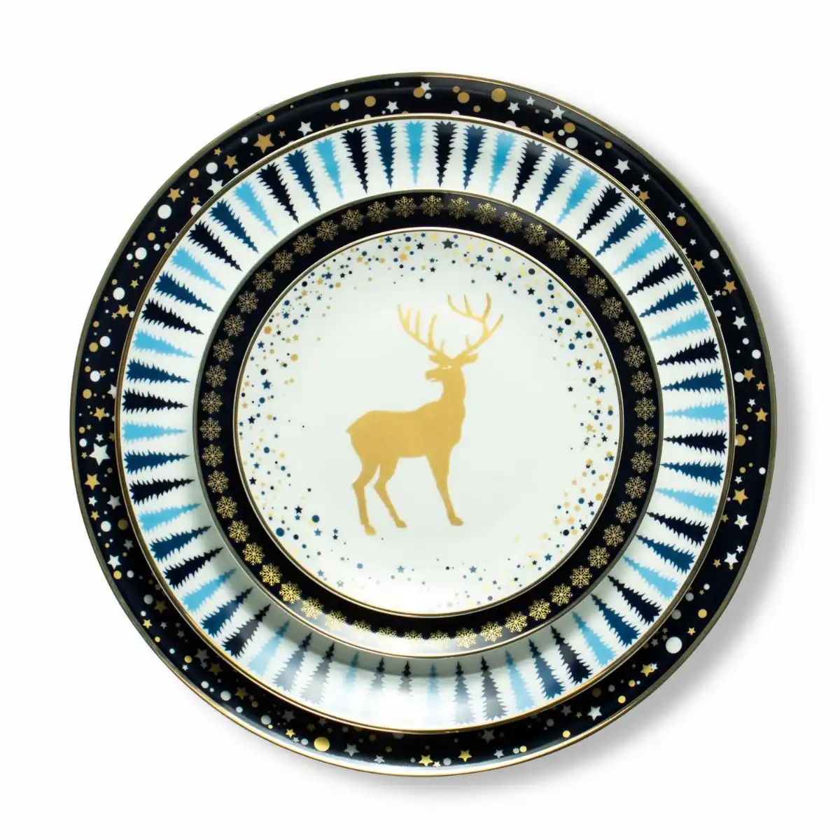 Blue and Gold Reindeer Dinner Plate Set shopITOOH